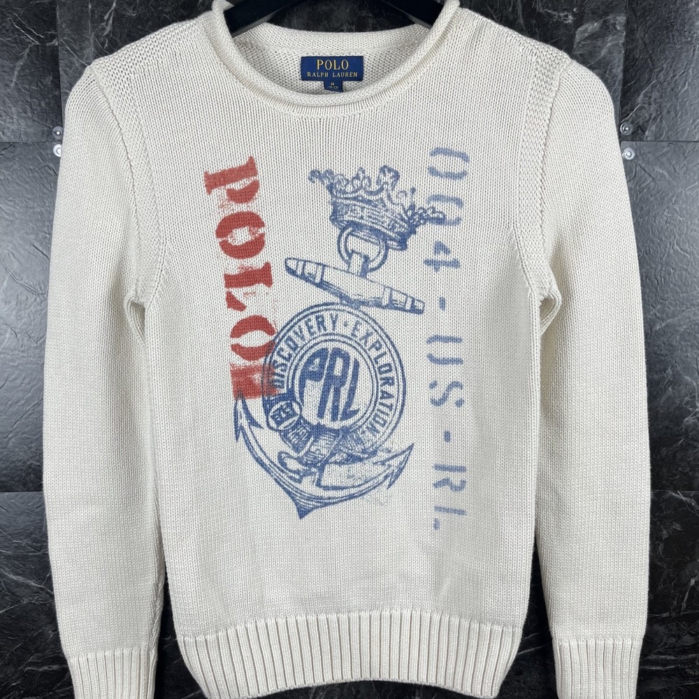 Polo Ralph Lauren Boy's White Anchor Sailor Sweater Youth Medium (10)